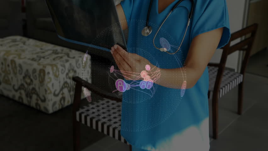 Female doctor holding radiograph film and enabling hologram expanding and rotating for diagnosis. Medical, technology, innovation, holography, telemedicine, healthcare, futuristic - Powered by Shutterstock - Get 15% off with code: PIKWIZARD15