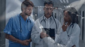 Senior doctor scrolling tablet while colleagues analyzing patient chart with network overlay. Medical team, collaboration, healthcare technology, digital interface, professional environment, - Powered by Shutterstock - Get 15% off with code: PIKWIZARD15