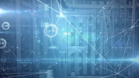 On system scan, network nodes and lines animating and visualizing topology over server racks. Cyberspace, digital, connectivity, technology, data, futuristic, network - Powered by Shutterstock - Get 15% off with code: PIKWIZARD15