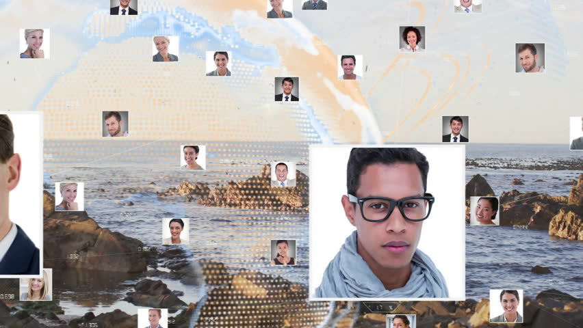 While loading biz headshot icons drifting into globe, larger portraits fading linking network lines. Innovation, connectivity, collaboration, professionalism, digital, global, networking - Powered by Shutterstock - Get 15% off with code: PIKWIZARD15