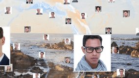 While loading biz headshot icons drifting into globe, larger portraits fading linking network lines. Innovation, connectivity, collaboration, professionalism, digital, global, networking - Powered by Shutterstock - Get 15% off with code: PIKWIZARD15