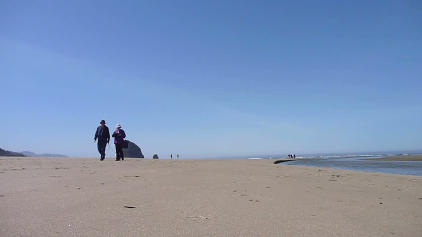 Older couple walk with dog at Cannon Beach, Oregon on sunny day.