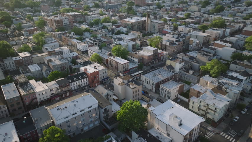 Aerial view of homes in Hoboken, New Jersey. Shot on a spring day
