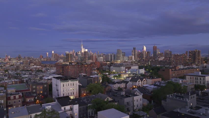 Aerial view of Jersey City at night. Shot with Lower Manhattan in the background.