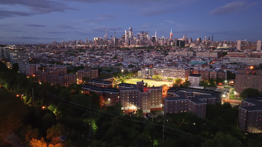 Aerial view of Hoboken, New Jersey at night. Shot with Midtown Manhattan in the background.