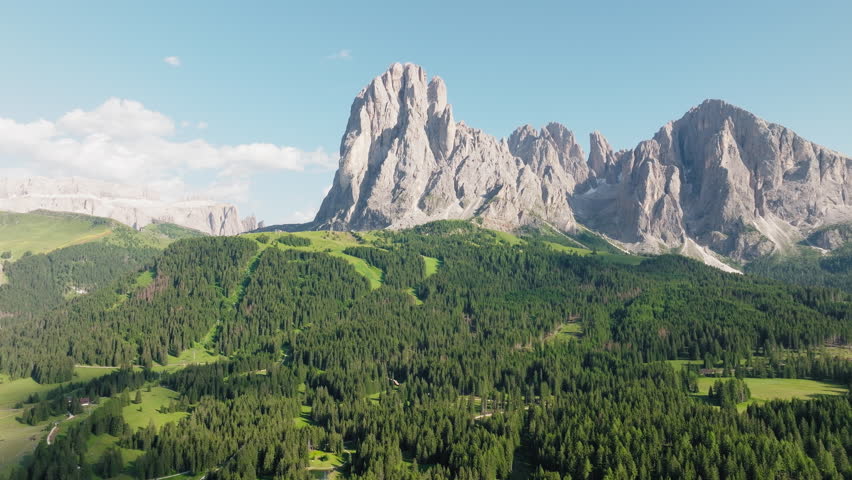 Panoramic drone shot of Langkofel mountain, Dolomites, Italy