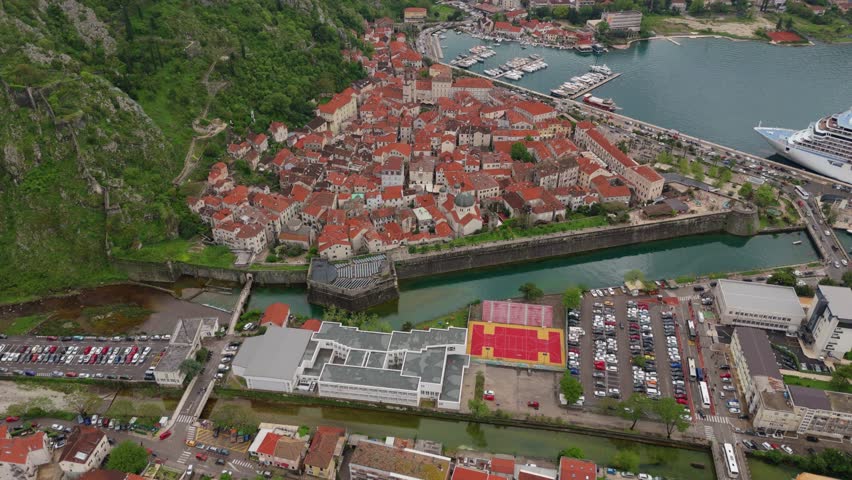 High View of Kotor’s UNESCO Old Town in Montenegro With Medieval Streets and Adriatic Backdrop