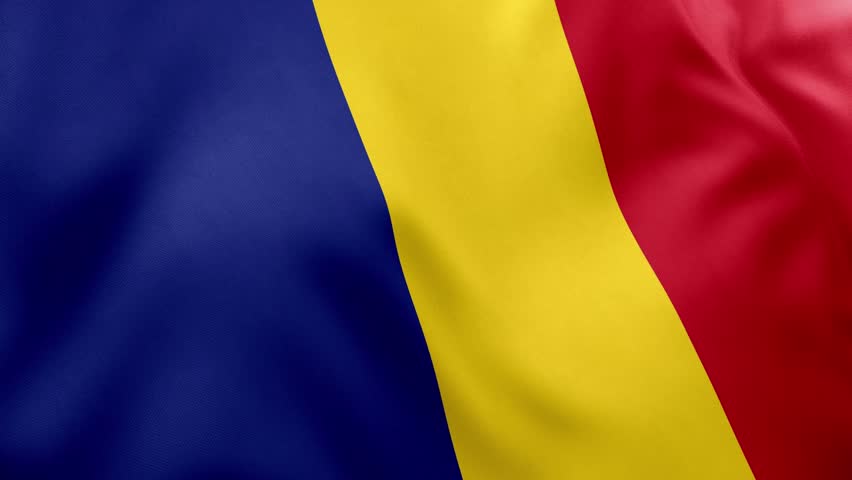 Realistic waving flag of Romania, blue, yellow, red vertical stripes. European nation symbol, Bucharest, patriotism, Romania