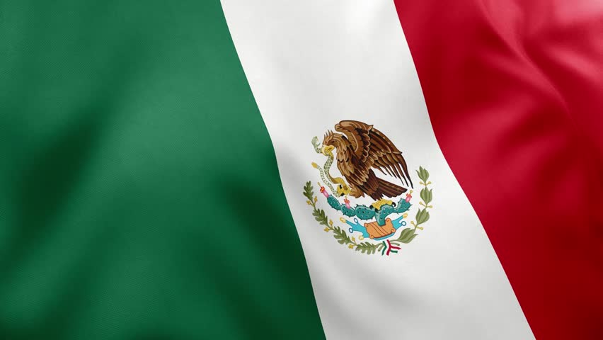 Realistic waving flag of Mexico, green, white, red stripes, coat of arms (eagle, serpent, cactus). North American nation, Mexico City, patriotism
