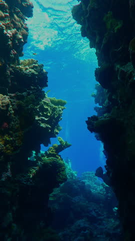Vertical footage, Camera moves forward to the exit inside a beautiful coral canyon illuminated by dance bright sunlight, against backdrop of turquoise water, Slow motion