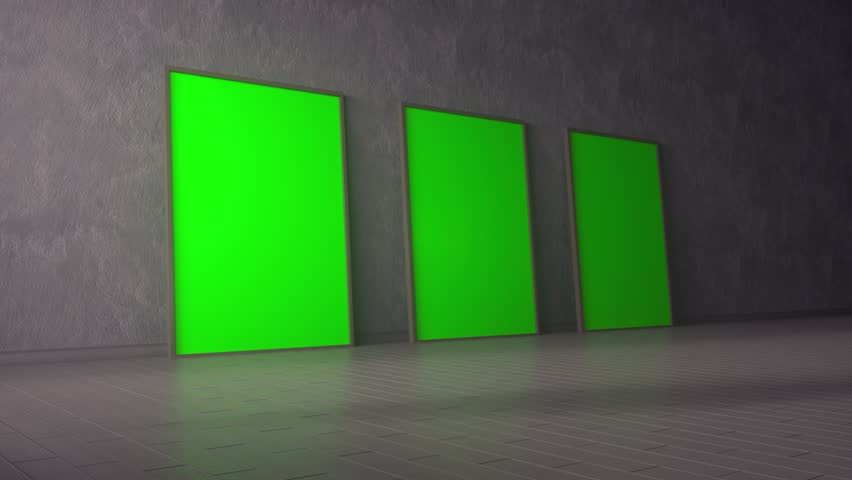 Three Vertical Green Screen Posters on Dark Wall in Minimalist Interior