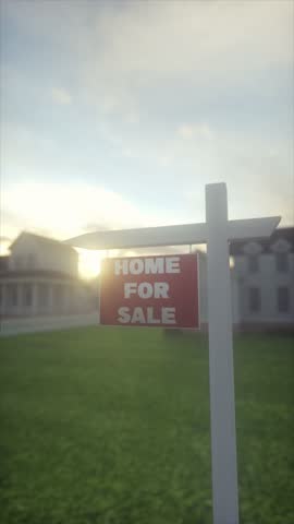 Real Estate Sign With Home for Sale in Suburban Neighborhood at Sunset