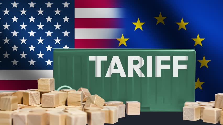 USA Vs European tariff Trade War concept 4k animation, political, business, conflict. America and Europe trade issues on Tariff.