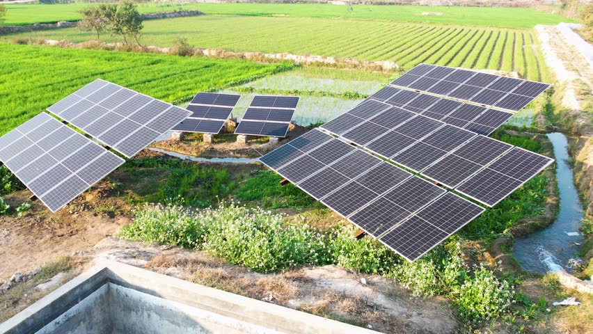 Solar panel array powers irrigation systems amid lush green farmland and canals