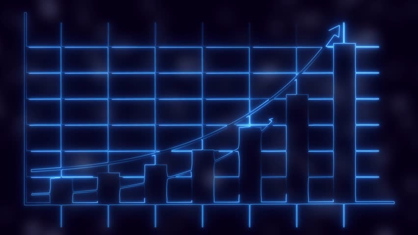 NEON WITH 4k HUD graph with rising up arrow and bar stats; Financial data and diagrams showing a steady increase in profits analyzes a graph of cryptocurrency cursor on a grid diagram,