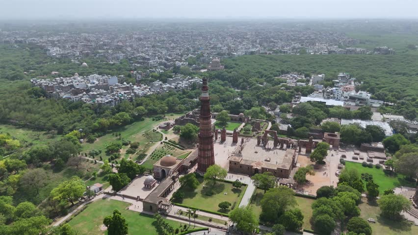 An Aerial Shot of Qutub Minar at Mehrauli, New Delhi, India
