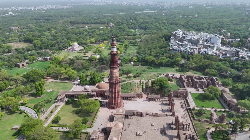 An Aerial Shot of Qutub Minar at Mehrauli, New Delhi, India
