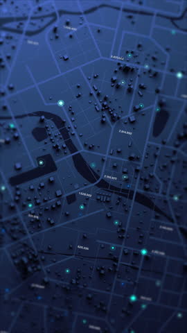 Vertical video 3D smart city map with glowing data points and geolocation markers for GPS tracking navigation urban tech and futuristic city concepts