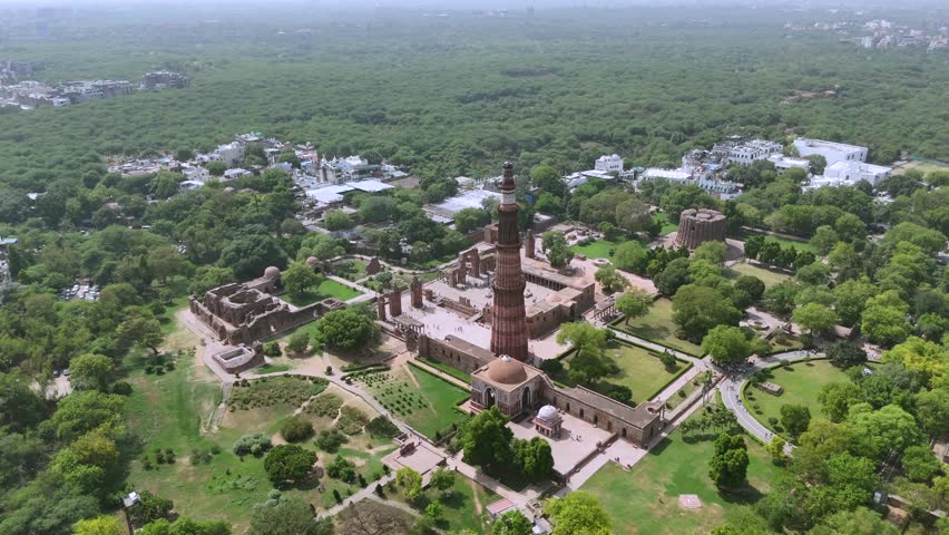 An Aerial Shot of Qutub Minar at Mehrauli, New Delhi, India
