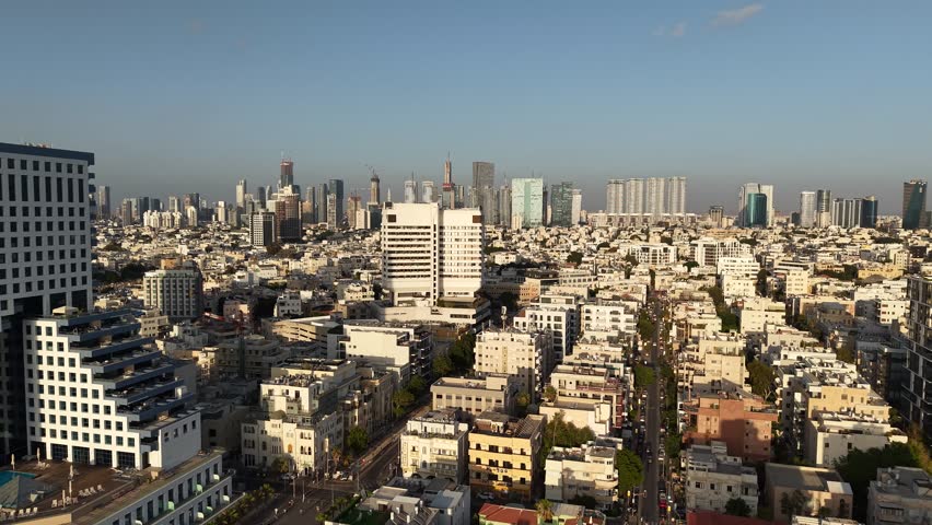 Aerial video of the coastline and promenade of the city of Tel Aviv