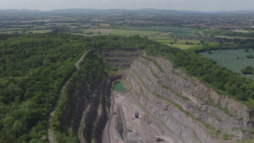 Aerial view of Haughmond Hill quarry near Shrewsbury, England. British heavy industry concept