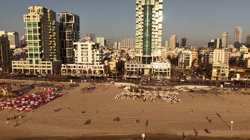 Aerial video of the coastline and promenade of the city of Tel Aviv