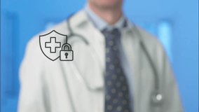 Medical expert drawing digital health insurance icon on transparent interface, symbolizing patient data protection and innovative medical information security technology - Powered by Shutterstock - Get 15% off with code: PIKWIZARD15