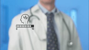 Professional physician drawing stress level infographic on transparent digital screen, highlighting head icon and progressively filling measurement indicator with marker, stress level - Powered by Shutterstock - Get 15% off with code: PIKWIZARD15