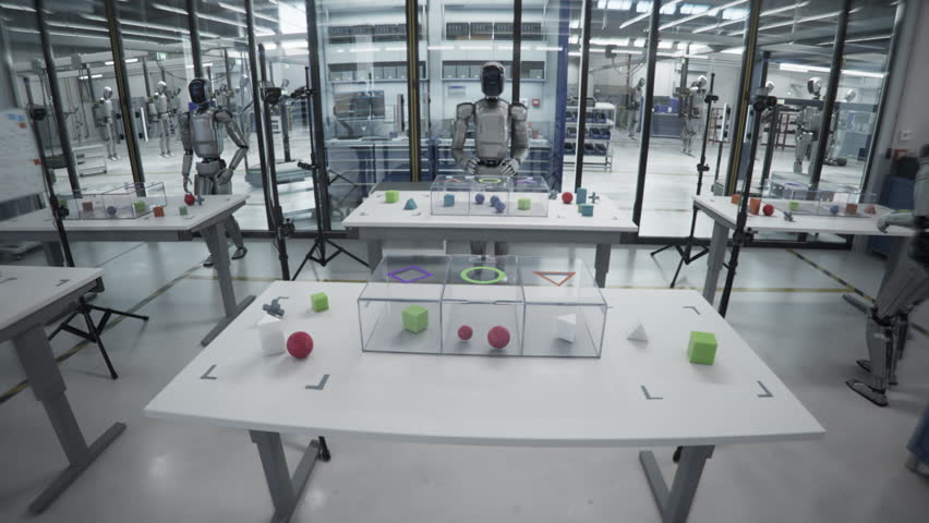 POV with Computer Vision Overlay from Humanoid AI-enabled Robot during Training Session. Robot Solves Challenges, Demonstrates Agility and Reasoning Skills. General Purpose Robot Development Center