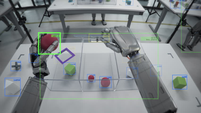 POV with Computer Vision Overlay from Humanoid AI-enabled Robot during Training Session. Robot Solves Challenges, Demonstrates Agility and Reasoning Skills. General Purpose Robot Development Center