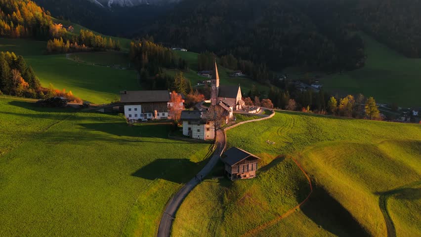 Val di Funes and village Santa Maddalena. Dolomites, Italy