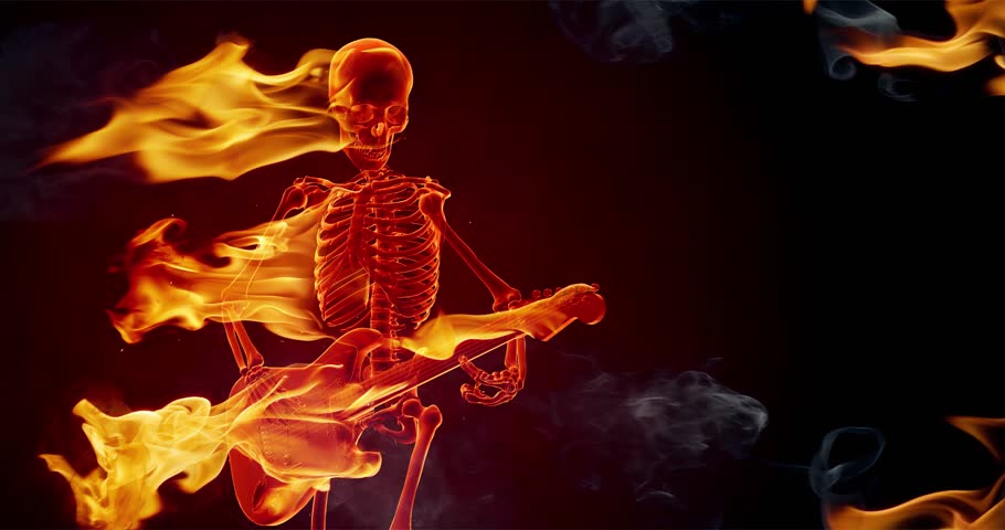 Scary burning skeleton playing rock guitar. 3D rendering and real fire flames