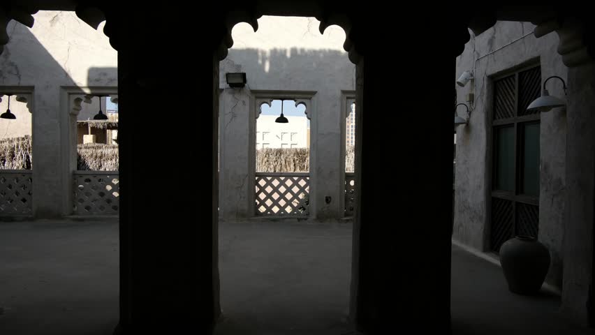 Dubai, United Arab Emirates, 19 January 2024: Al Seef is place for walking, food. historical district with traditional Arabic architecture. old buildings and traditional Arabian street.