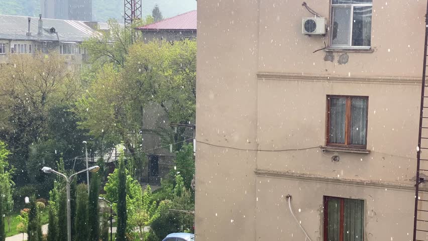 Unusual snowfall or icy precipitation falling from sky warm late spring day, capturing surreal winter and spring. Powerful visual metaphor changing seasons, climate unpredictability, global warming