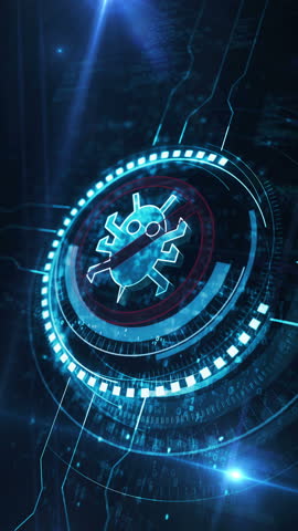 Vertical video: Antivirus cybersecurity warning symbol digital concept. Network, cyber technology and computer background abstract 3d seamless and loopable.