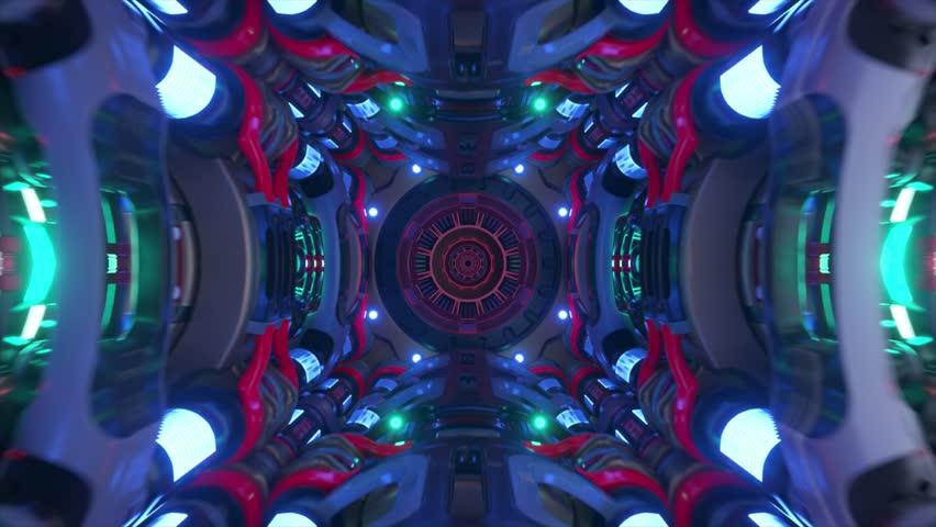 Kaleidoscopic spaceship corridor rotating with pulsing, vibrant lights, generating mesmerizing visual journey through futuristic technological space environment. 3D Illustration