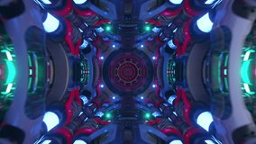 Kaleidoscopic spaceship corridor rotating with pulsing, vibrant lights, generating mesmerizing visual journey through futuristic technological space environment. 3D Illustration - Powered by Shutterstock - Get 15% off with code: PIKWIZARD15