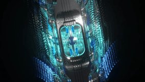 Advanced technological mechanism rotating, revealing intricate metallic structure with luminescent turquoise energy core generating dynamic futuristic visualization. 3D Illustration - Powered by Shutterstock - Get 15% off with code: PIKWIZARD15