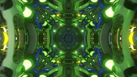 Futuristic spaceship corridor rotating within kaleidoscopic green and blue light streams, creating immersive dimensional travel visualization through intricate geometric pathways. 3D Illustration - Powered by Shutterstock - Get 15% off with code: PIKWIZARD15