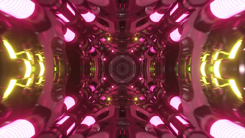 Abstract motion graphics animation features a futuristic tunnel with pink and green lights, creating a dynamic and visually engaging vj loop. 3D Illustration