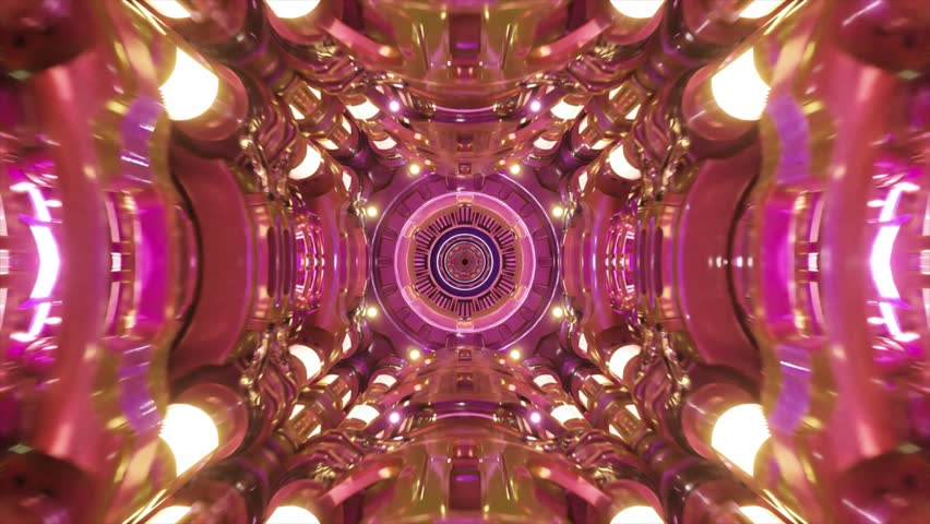 Vibrant purple and pink lights pulsing through circular tunnel, generating immersive futuristic visual effect with mesmerizing luminescent motion graphics. 3D Illustration