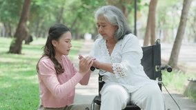Asian careful caregiver or nurse taking care of the patient in a wheelchair. Concept of happy retirement with care from a caregiver and Savings and senior health insurance, a Happy family - Powered by Shutterstock - Get 15% off with code: PIKWIZARD15