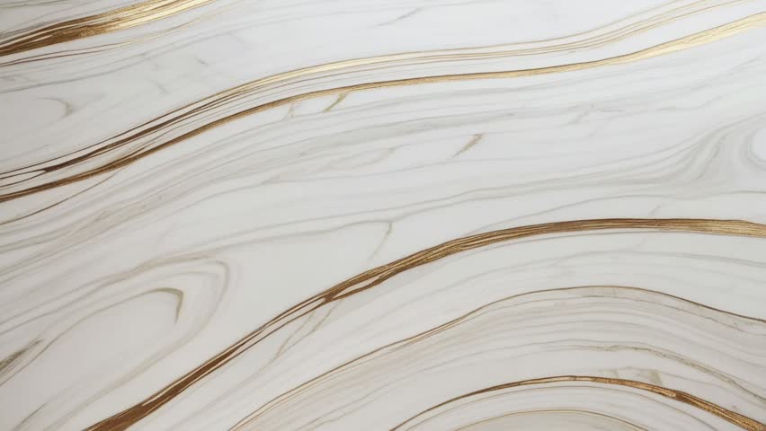 A set of white marble slabs arranged diagonally, with metallic gold veins running across and following the contours of the surface.