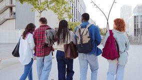 A diverse group of friends walking side by side on campus, displaying unity and companionship among students in a lively atmosphere, representing youth and energy in their journey through education. - Powered by Shutterstock - Get 15% off with code: PIKWIZARD15