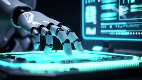 Robot hand working and typing on pc keyboard with AI Technology. Artificial intelligence mechanical arm with computer. Futuristic high-tech innovation concept - Powered by Shutterstock - Get 15% off with code: PIKWIZARD15