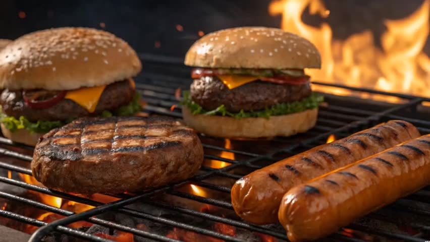 Delicious burger on the background of fire. Delicious burger with fresh iceberg cabbage, onions, tomatoes and grilled steak. Fast food, slow motion, Close-up, vertical footage