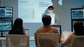 young Asian software development manager leads a late-night office discussion with his executive team, mentoring developers and analyzing source code to guide programming and project development - Powered by Shutterstock - Get 15% off with code: PIKWIZARD15