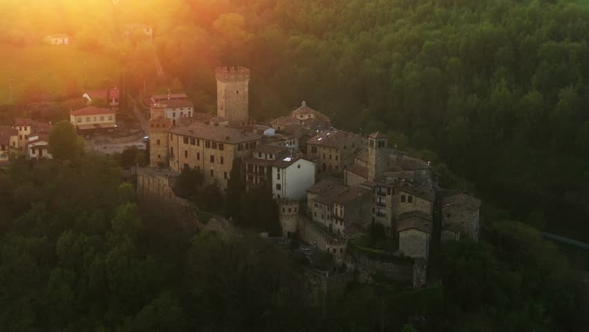 Vigoleno village at dusk, Piacenza, Emilia-Romagna in Italy. Aerial drone top-down view