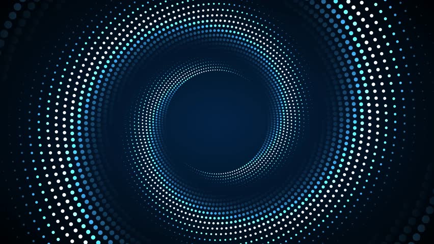 Abstract animated background with blue dots circles spinning in dark space. Dynamic and smooth rotating dotted lines for ads, creative digital design, motion graphic element, or sales presentation