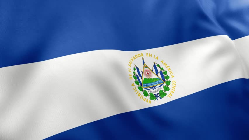 Realistic waving flag of El Salvador, blue, white stripes, coat of arms. Central American nation symbol, San Salvador, patriotism, El Salvador